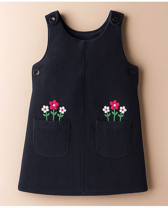 Babyhug Cotton Woven Frock & Full Sleeves Inner Tee With Floral Print & Embroidery - Navy Blue & White