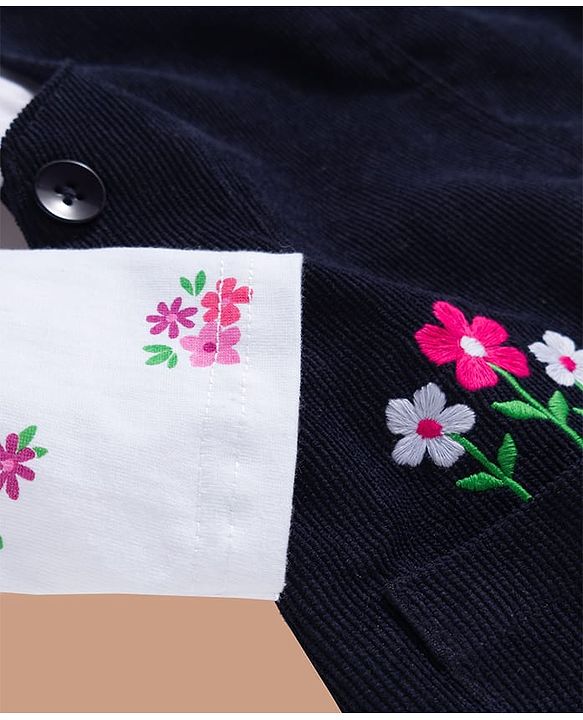 Babyhug Cotton Woven Frock & Full Sleeves Inner Tee With Floral Print & Embroidery - Navy Blue & White