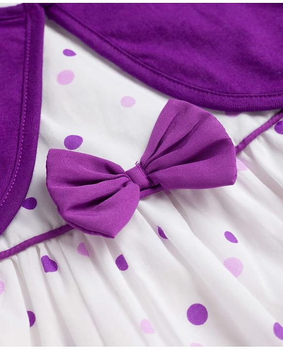 Babyhug Cotton Woven Frock With Half Sleeves  Shrug & Polka Dot & Bow Applique - White