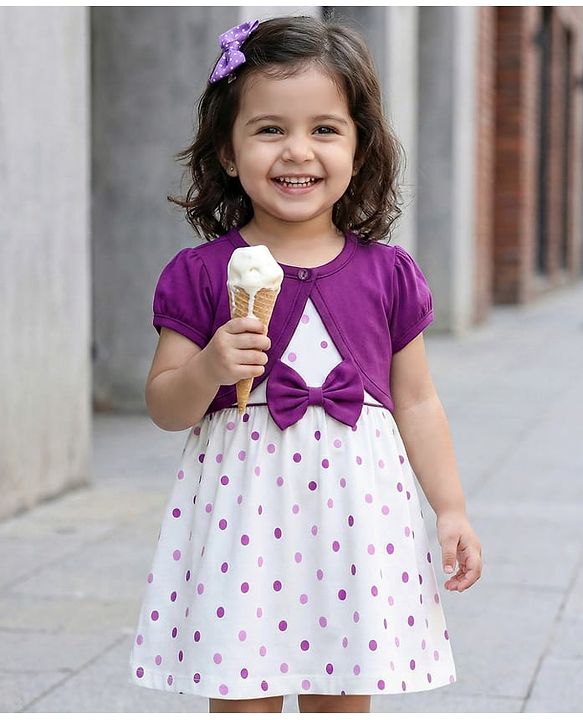 Babyhug Cotton Woven Frock With Half Sleeves  Shrug & Polka Dot & Bow Applique - White