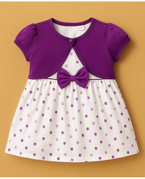 Babyhug Cotton Woven Frock With Half Sleeves  Shrug & Polka Dot & Bow Applique - White