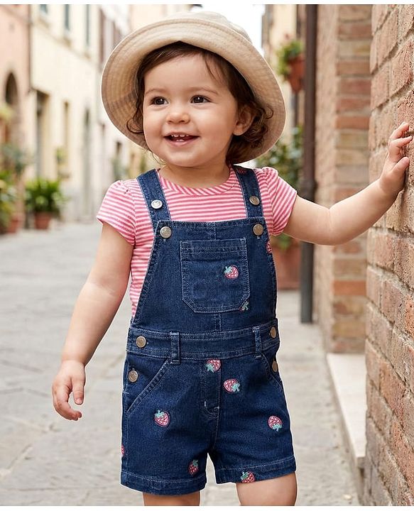 Babyhug Single Jersey Knit Cap Sleeves T-Shirt & Dungaree with Stripes & Fruit Embroidery - Red & Blue