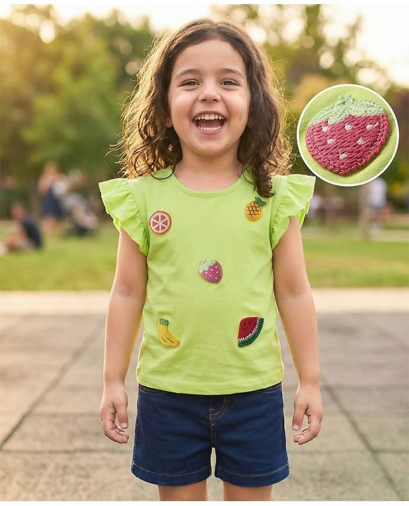Babyhug Single Jersey Knit Frill Sleeves T-Shirt & Shorts Set With Fruits Embriodery - Light Green & Navy Blue