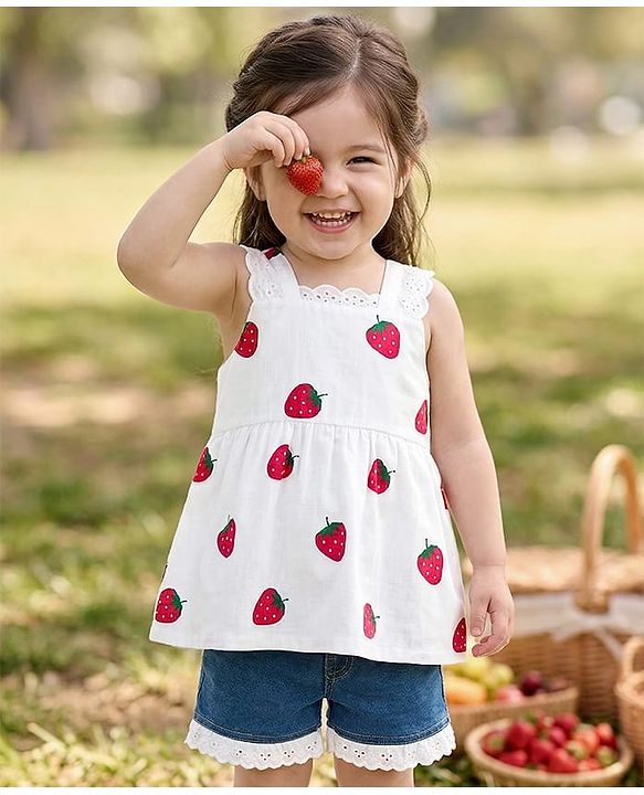Babyhug Cotton Woven Sleeveless Top & Denim Shorts Set with Strawberry Print - White & Blue