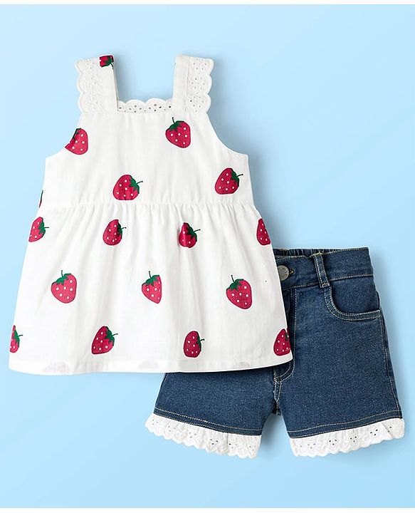 Babyhug Cotton Woven Sleeveless Top & Denim Shorts Set with Strawberry Print - White & Blue