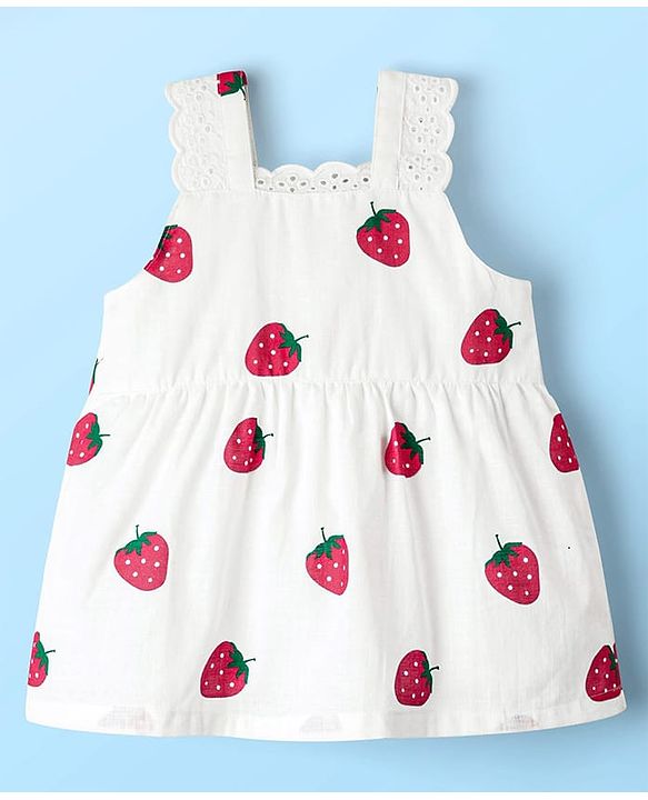 Babyhug Cotton Woven Sleeveless Top & Denim Shorts Set with Strawberry Print - White & Blue