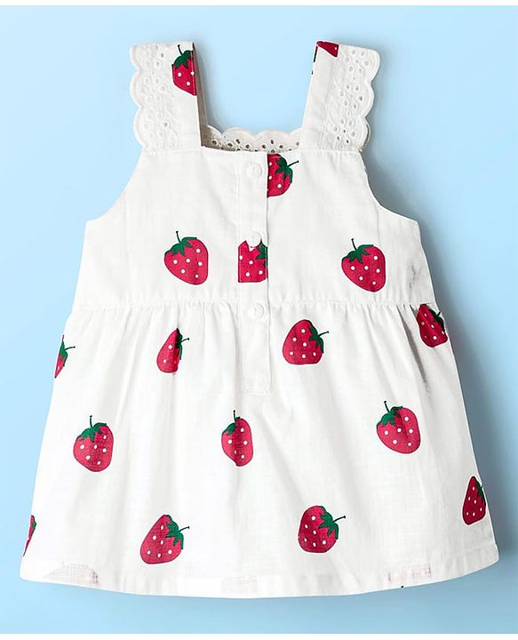Babyhug Cotton Woven Sleeveless Top & Denim Shorts Set with Strawberry Print - White & Blue