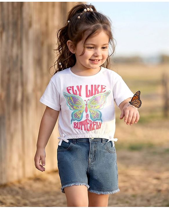 Babyhug Single Jersey Knit Half Sleeves Top & Shorts Set With Text Print - White & Navy Blue