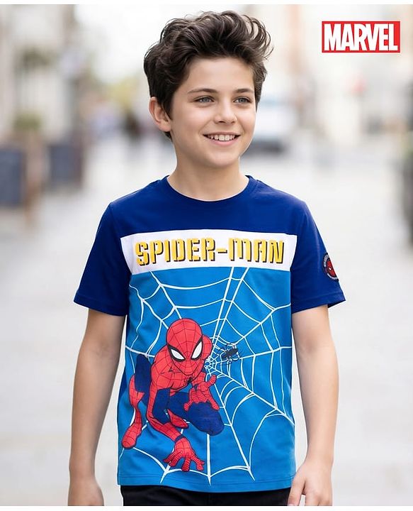 Pine Kids Marvel Single Jersey Knit Half Sleeves Cut & Sew T-Shirt with Spiderman Graphics - Blue