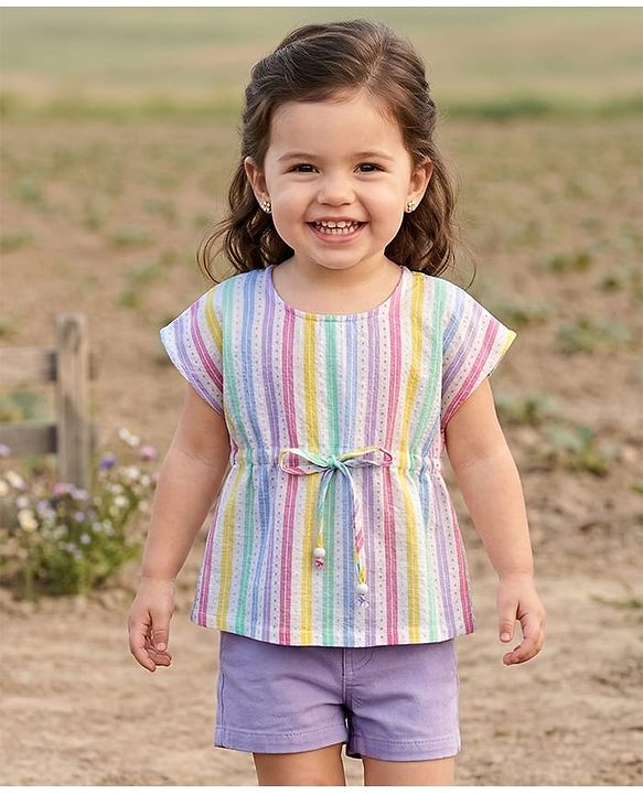 Babyhug Cotton Woven  Sleeveless Striped Top & Short Set - Multi Colour