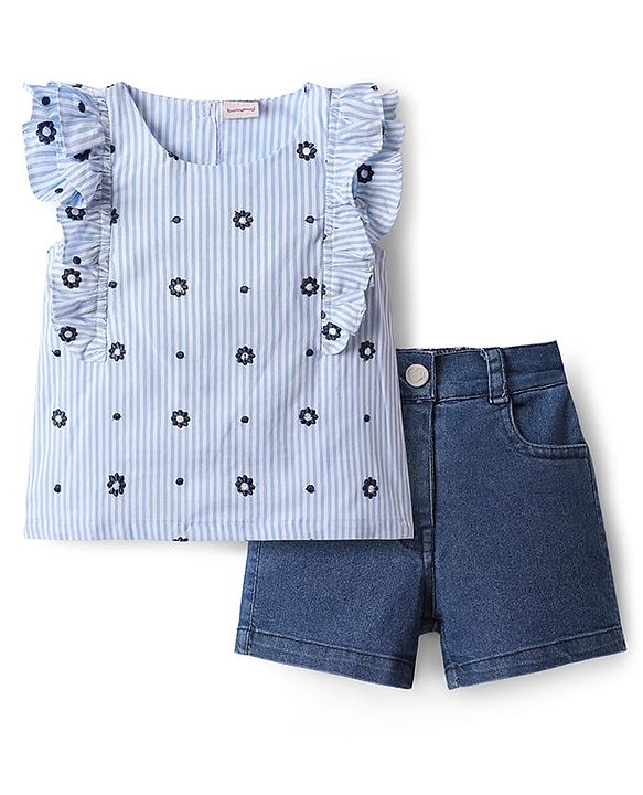 Babyhug Single Jersey Knit Frill Sleeves Top & Shorts Set With Floral Embriodery - Blue