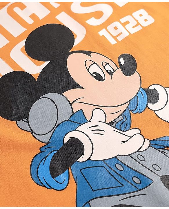 Pine Kids Disney Single Jersey Knit Oversized Drop Shoulder Half Sleeves T-Shirt With Mickey Mouse Graphics - Orange