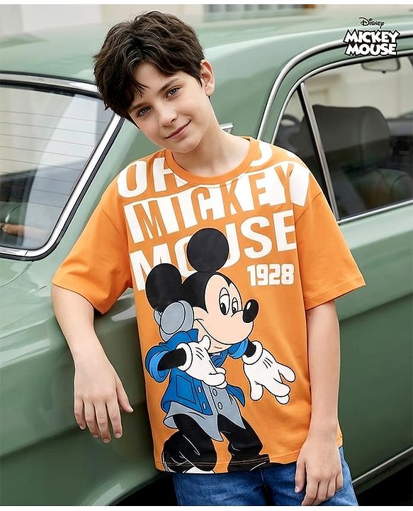 Pine Kids Disney Single Jersey Knit Oversized Drop Shoulder Half Sleeves T-Shirt With Mickey Mouse Graphics - Orange