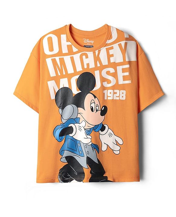 Pine Kids Disney Single Jersey Knit Oversized Drop Shoulder Half Sleeves T-Shirt With Mickey Mouse Graphics - Orange
