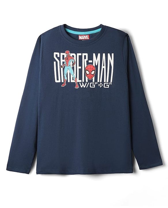 Pine Kids Marvel Single Jersey Knit Full Sleeves T-Shirt With Spider-Man Graphics - Navy Blue