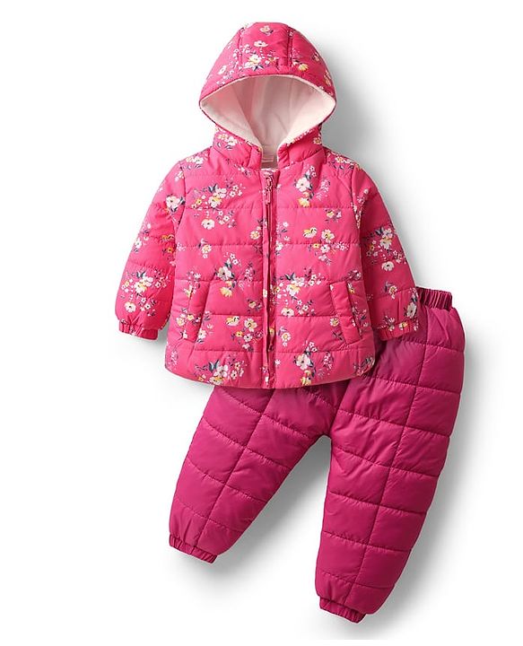 Babyhug Full Sleeves Knit Winter Wear Hooded Jacket & Joggers Set with Floral Print - Pink