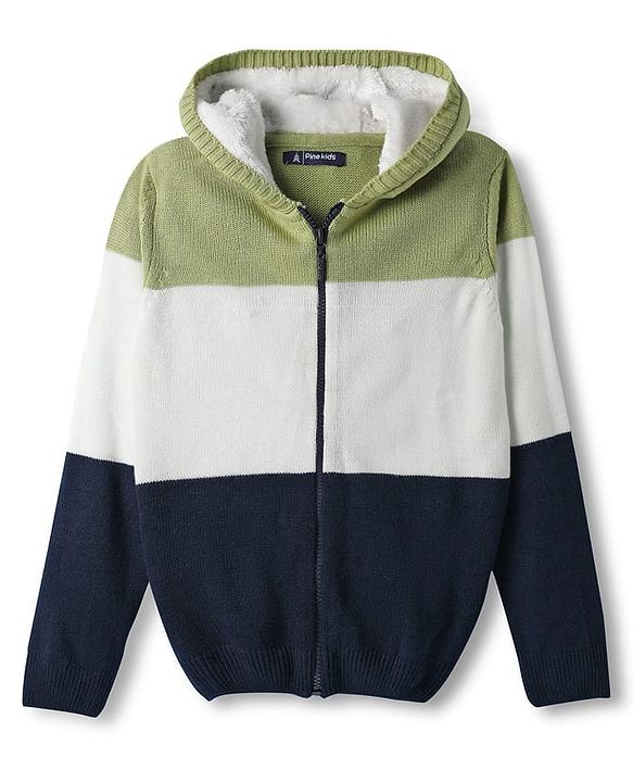 Pine Kids Knit Full Sleeves Hooded Front Open Sweater with Color Block - Multicolor