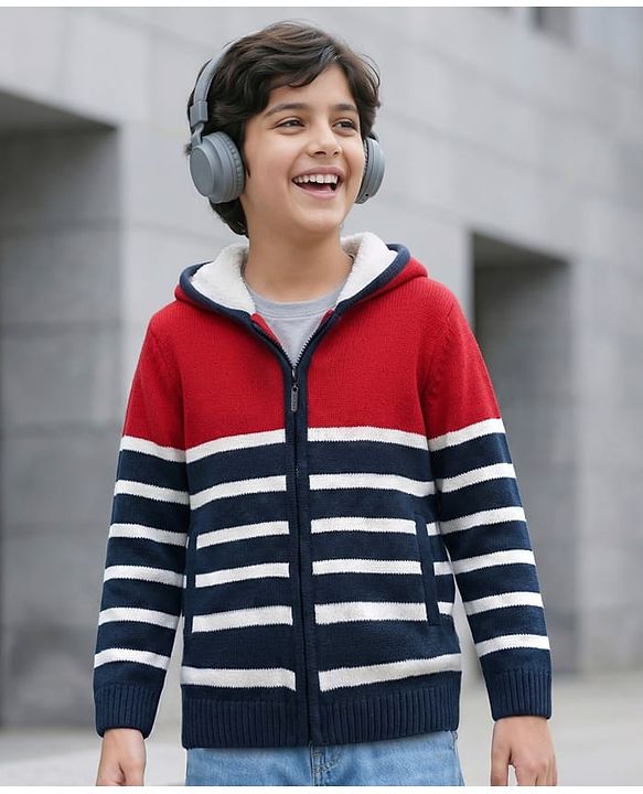 Pine Kids Knit Full Sleeves Hooded Front Open Sweater with Stripes & Pocket - Navy Blue & Red