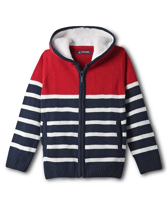 Pine Kids Knit Full Sleeves Hooded Front Open Sweater with Stripes & Pocket - Navy Blue & Red