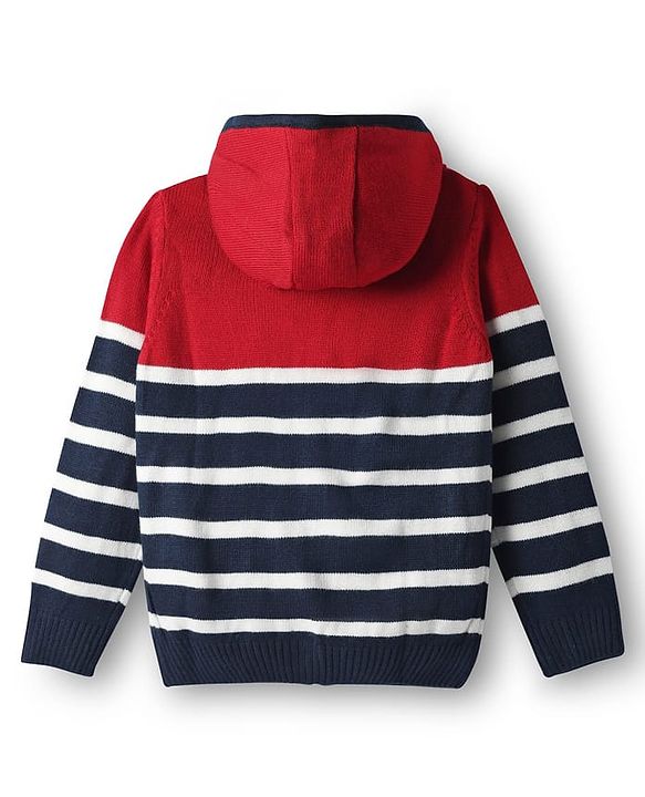Pine Kids Knit Full Sleeves Hooded Front Open Sweater with Stripes & Pocket - Navy Blue & Red