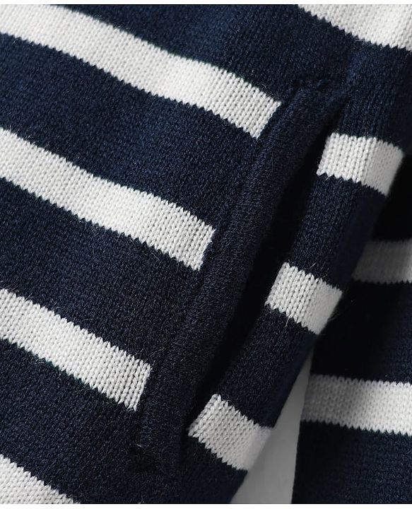 Pine Kids Knit Full Sleeves Hooded Front Open Sweater with Stripes & Pocket - Navy Blue & Red