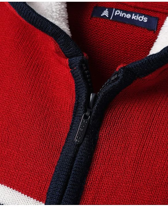 Pine Kids Knit Full Sleeves Hooded Front Open Sweater with Stripes & Pocket - Navy Blue & Red