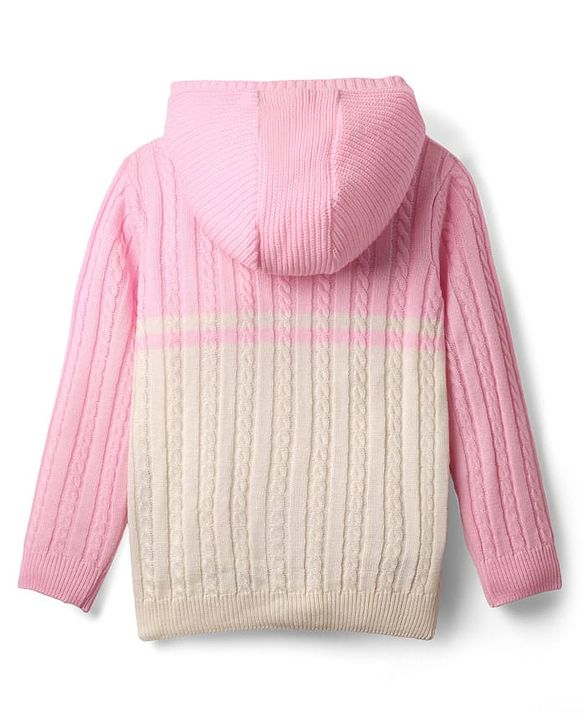 Pine Kids Knit Full Sleeves Front Open Hooded Sweater with Cable Knit Design - Pink