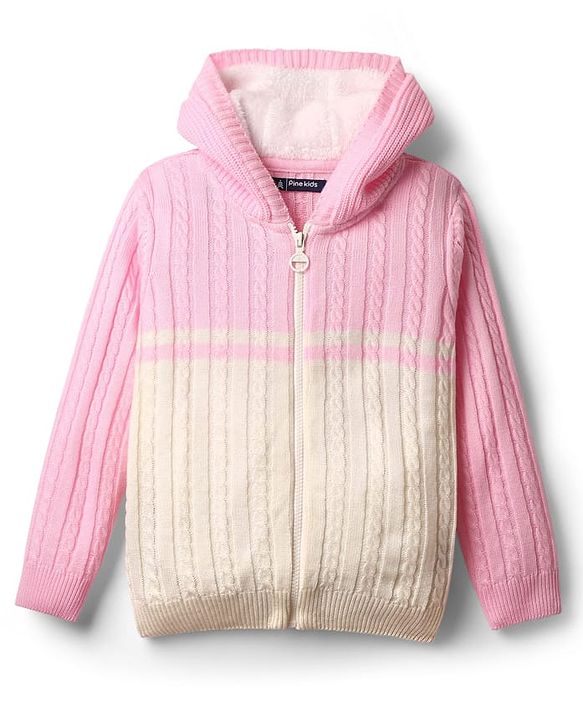 Pine Kids Knit Full Sleeves Front Open Hooded Sweater with Cable Knit Design - Pink