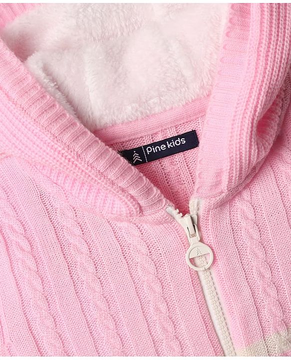Pine Kids Knit Full Sleeves Front Open Hooded Sweater with Cable Knit Design - Pink