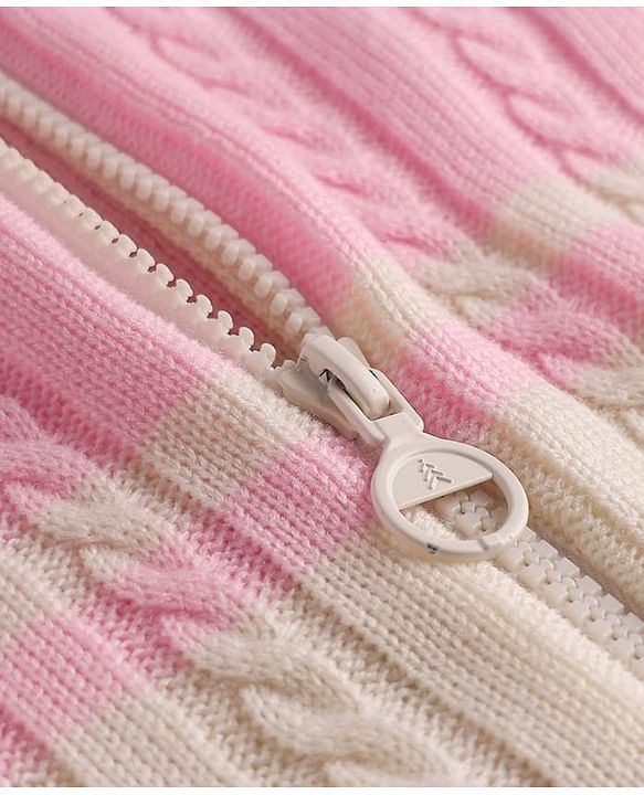 Pine Kids Knit Full Sleeves Front Open Hooded Sweater with Cable Knit Design - Pink