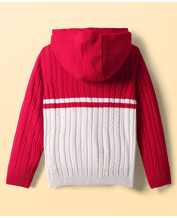 Pine Kids Knit Full Sleeves Front Open Hooded Sweater with Cable Knit Design - Red