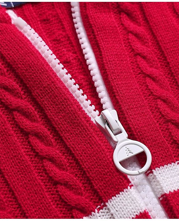 Pine Kids Knit Full Sleeves Front Open Hooded Sweater with Cable Knit Design - Red