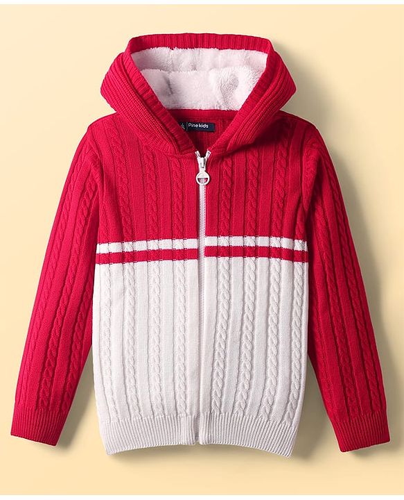 Pine Kids Knit Full Sleeves Front Open Hooded Sweater with Cable Knit Design - Red