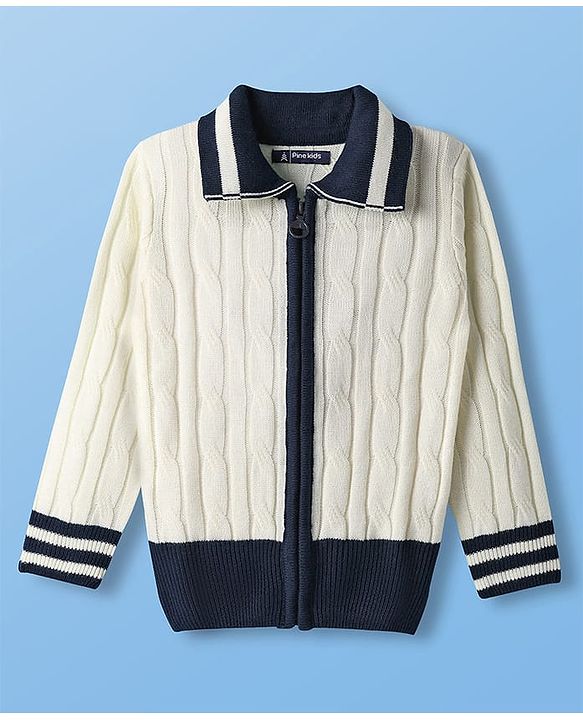 Pine Kids Knit Full Sleeves Front Open Sweater with Cable Knit Design - Off White