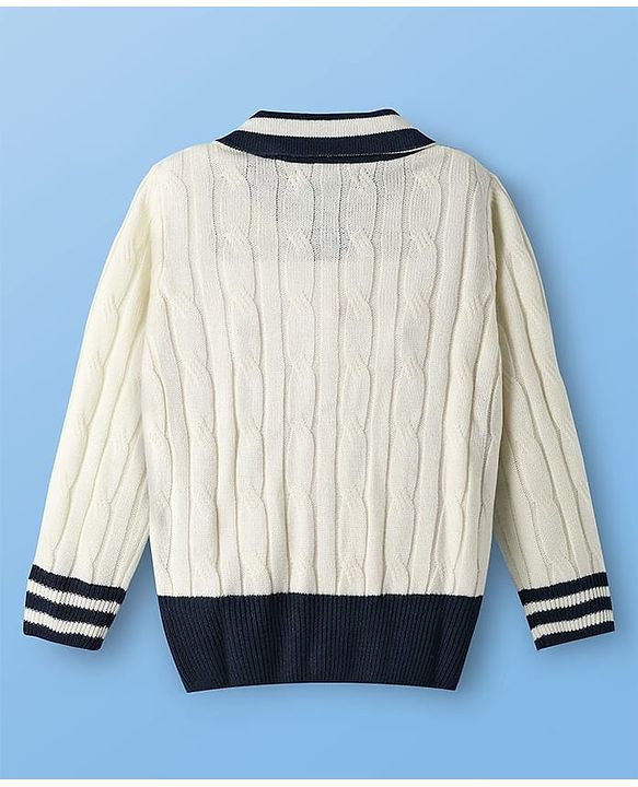Pine Kids Knit Full Sleeves Front Open Sweater with Cable Knit Design - Off White