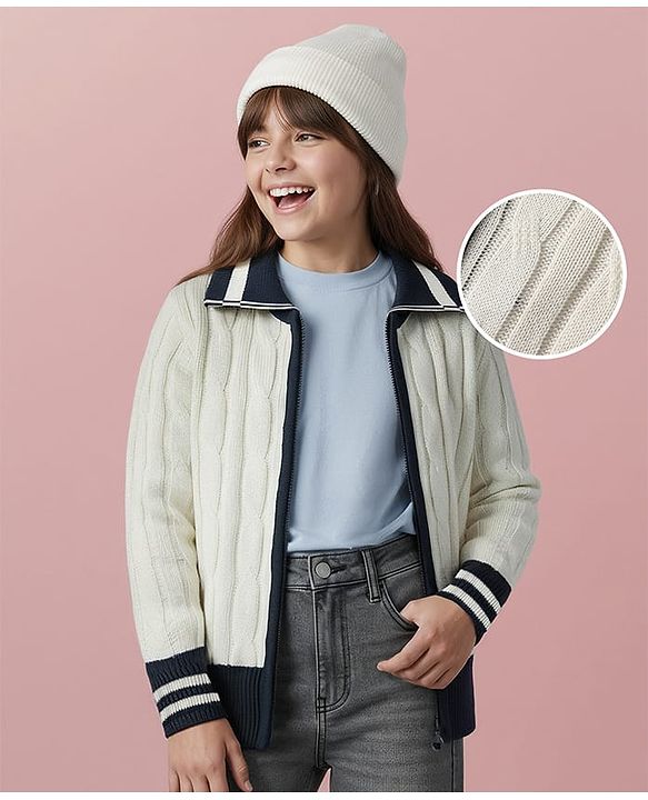 Pine Kids Knit Full Sleeves Front Open Sweater with Cable Knit Design - Off White