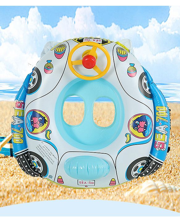 Babyhug Inflatable Swimming Ring - Blue| For 3+ years Boys & Girls| Durable Vinyl Pool Float| Swimming Ride On with Steering Wheel