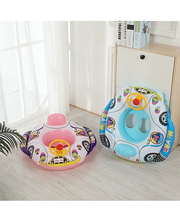 Babyhug Inflatable Swimming Ring - Blue| For 3+ years Boys & Girls| Durable Vinyl Pool Float| Swimming Ride On with Steering Wheel