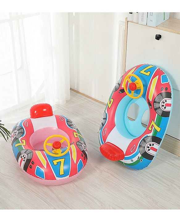 Babyhug Inflatable Swimming Ring - Pink & Red| For 3+ years Boys & Girls| Durable Vinyl Pool Float| Swimming Ride On with Steering Wheel