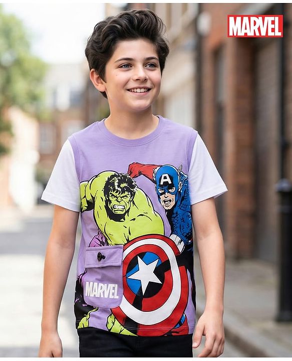 Pine Kids Marvel Single Jersey Knit Half Sleeves Overlapped T-Shirt with Avengers Graphics & Pocket Detailing - Lavender