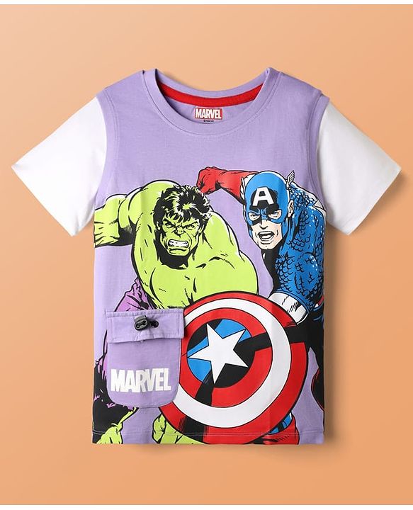 Pine Kids Marvel Single Jersey Knit Half Sleeves Overlapped T-Shirt with Avengers Graphics & Pocket Detailing - Lavender