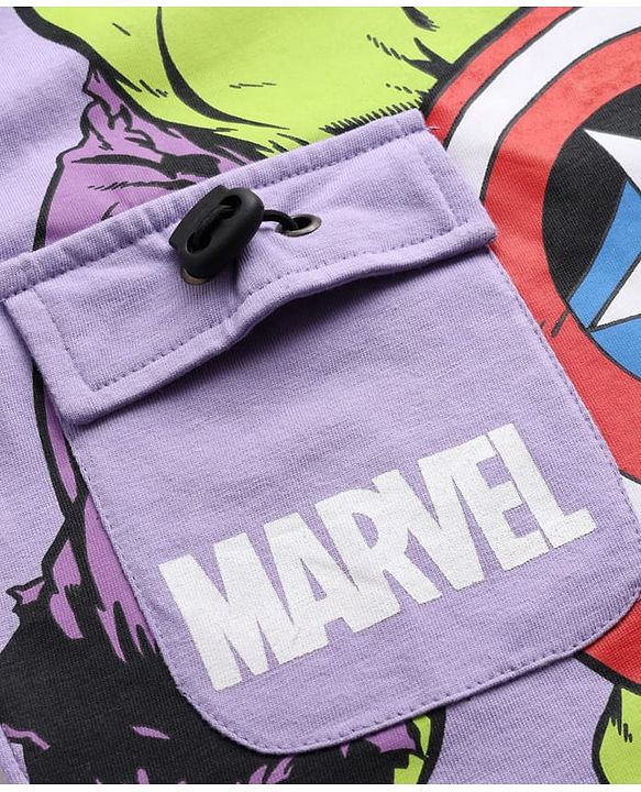 Pine Kids Marvel Single Jersey Knit Half Sleeves Overlapped T-Shirt with Avengers Graphics & Pocket Detailing - Lavender