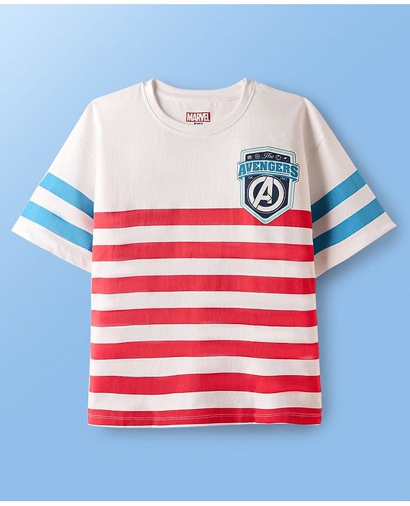 Pine Kids Marvel Single Jersey Knit Oversized Drop Shoulder Half Sleeves T-Shirt with Avengers Graphics - White