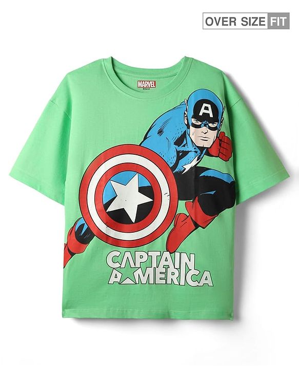 Pine Kids Marvel Single Jersey Knit Drop Shoulder Half Sleeves Oversized T-Shirt with Captain America Graphics - Green