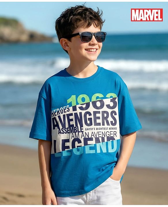 Pine Kids Marvel Single Jersey Knit Drop Shoulder Half Sleeves Oversized T-Shirt with Avengers Graphics - Blue