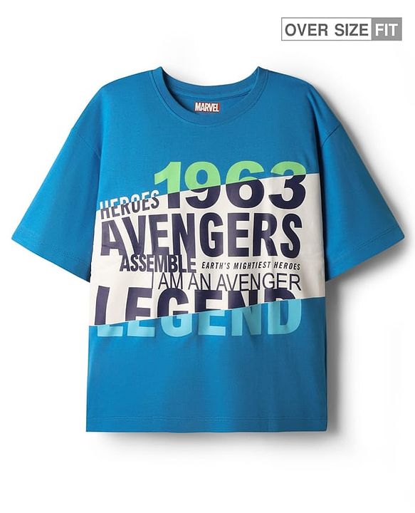 Pine Kids Marvel Single Jersey Knit Drop Shoulder Half Sleeves Oversized T-Shirt with Avengers Graphics - Blue