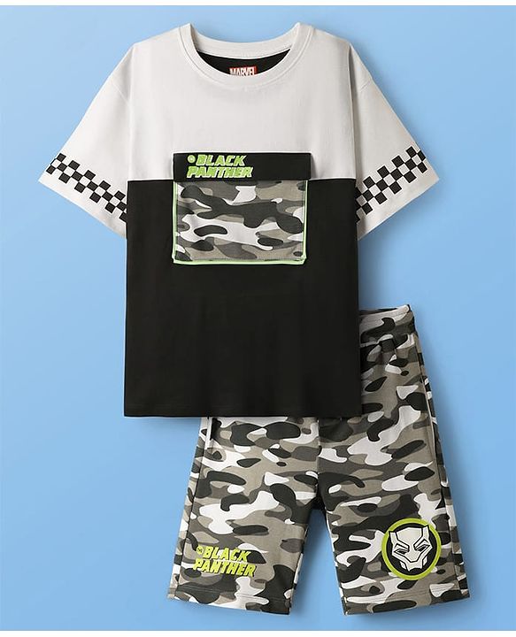 Pine Kids Marvel Single Jersey Knit Half Drop Shoulder Sleeves Oversized T-Shirt & Shorts Set with Front & Back Black Panther Graphics & Pocket Detailing - Multicolor