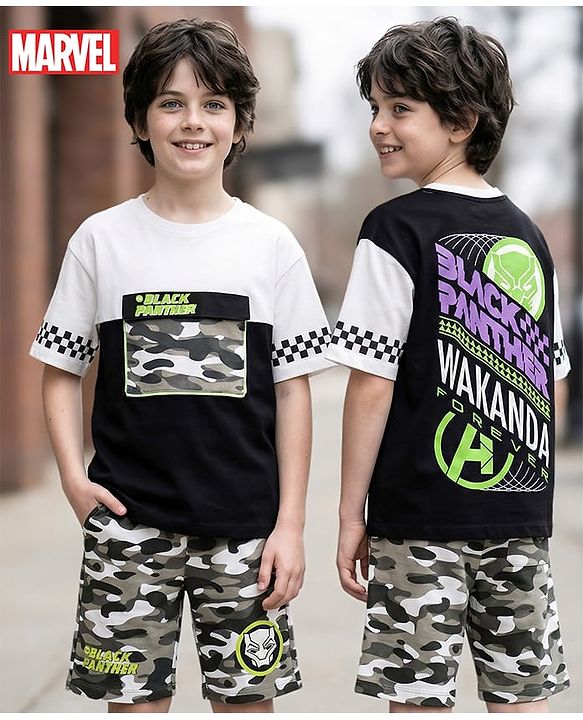 Pine Kids Marvel Single Jersey Knit Half Drop Shoulder Sleeves Oversized T-Shirt & Shorts Set with Front & Back Black Panther Graphics & Pocket Detailing - Multicolor