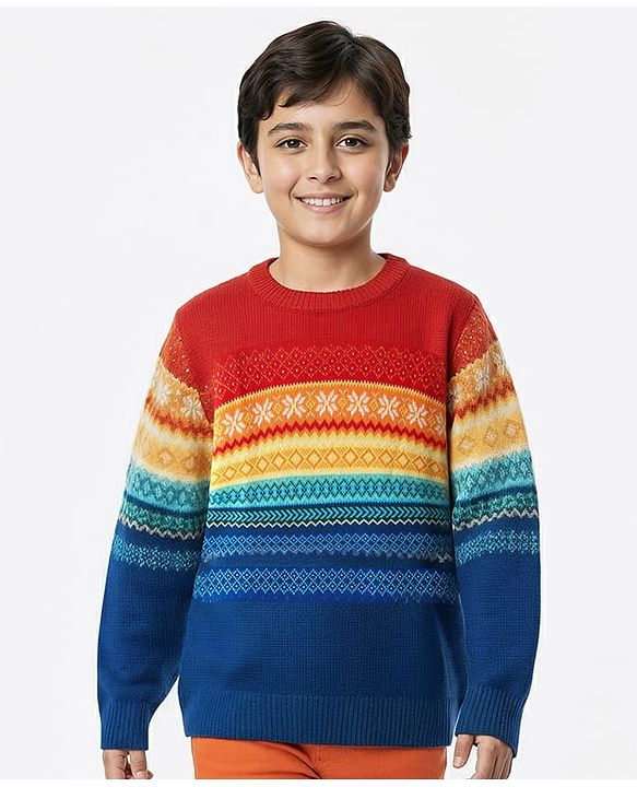 Pine Kids Cotton Knit Full Sleeves Pullover Sweater With Aztec & Colour Block Design - Multicolour
