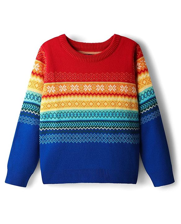 Pine Kids Cotton Knit Full Sleeves Pullover Sweater With Aztec & Colour Block Design - Multicolour